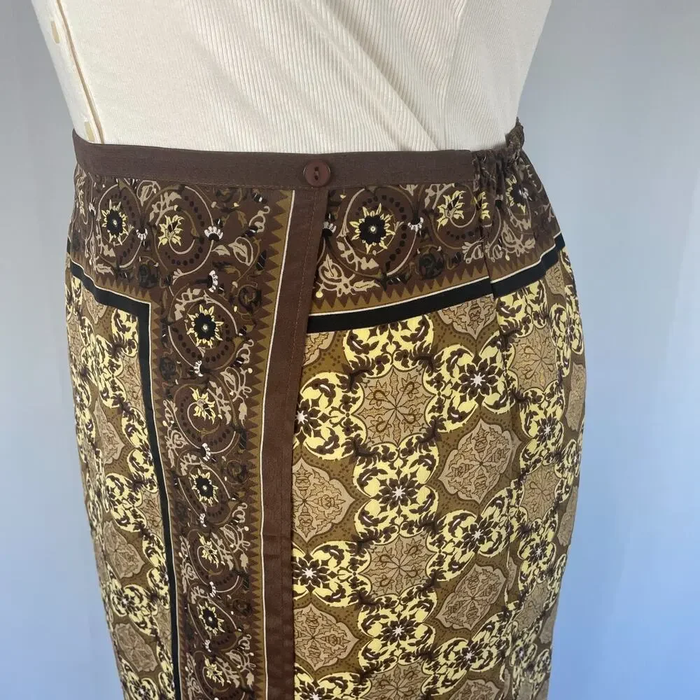 Y2K Midi Skirt Size 14 Brown Medallion Scarf Print Faux Wrap Column Boho Vtg 90s